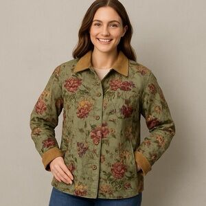Vintage Coldwater Creek Green Floral Canvas Gardening Cotton Chore Barn Jacket